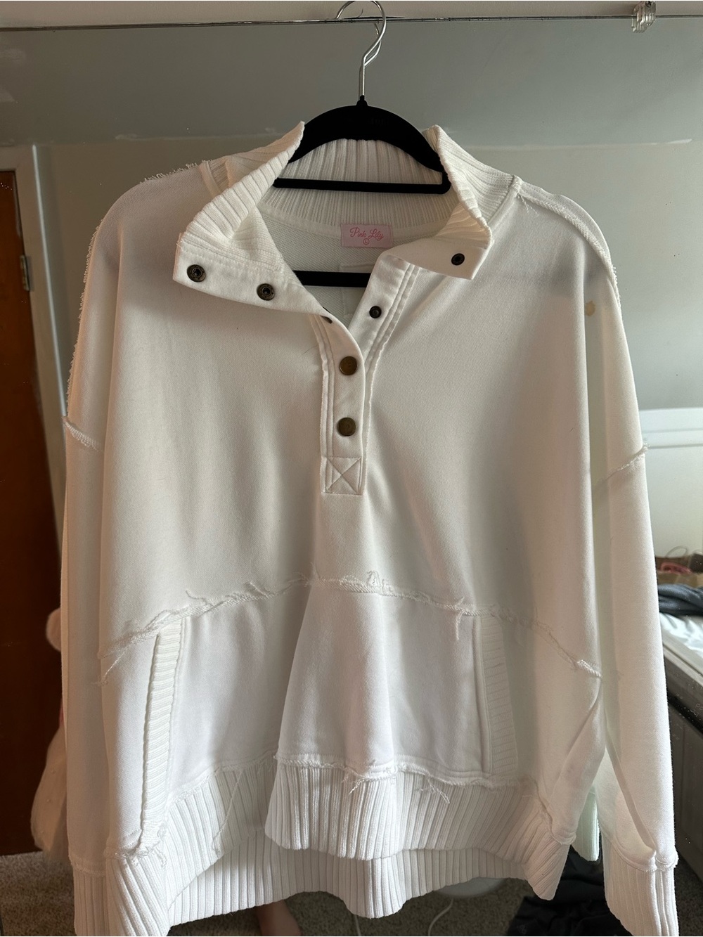 Pink Lily Ivory Snap-Button Pullover Hoodie